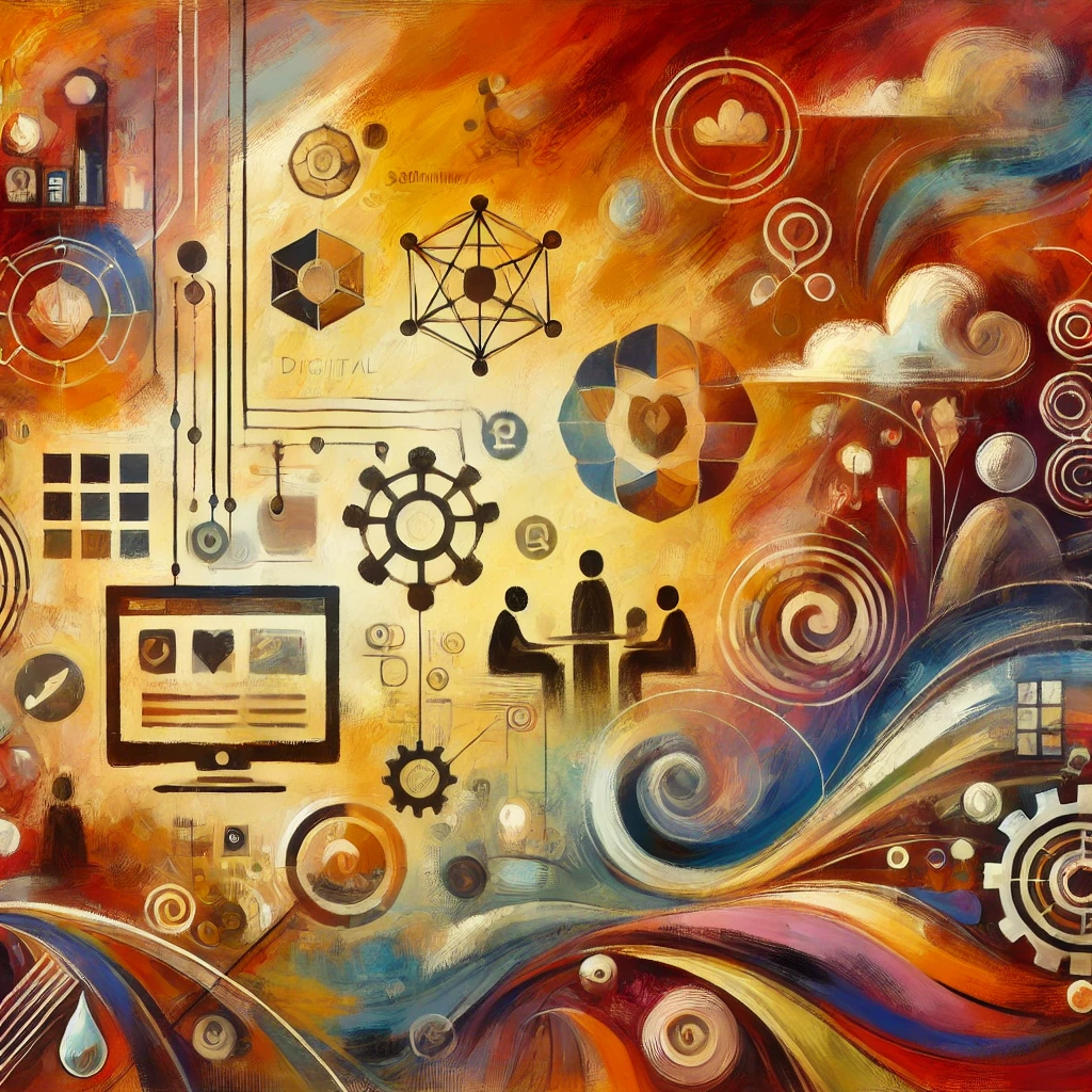 A vibrant, artistic painting in a modern, expressive style with warm colors, showcasing digital solutions for nonprofits. The image includes abstract