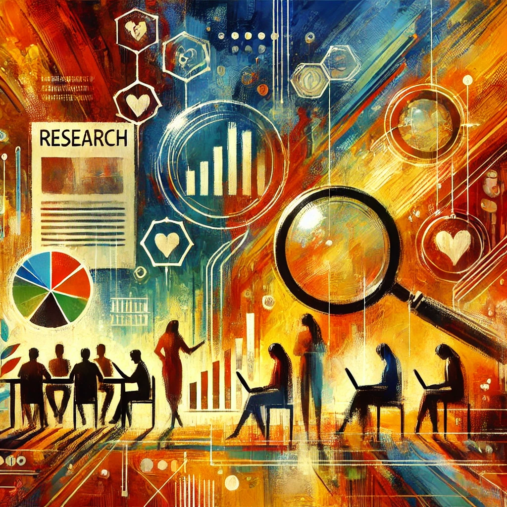 A vibrant, expressive painting featuring abstract representations of people shaking hands, interconnected networks, and collaborative projects. The warm colors and dynamic brushstrokes symbolize unity, mutual growth, and partnerships for nonprofits and activists. The image highlights collaboration in research services and grassroots campaigns, emphasizing trust, shared goals, and collective progress through strong partnerships.