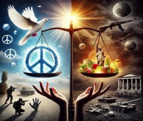 Why we need peace cover image, two hand holding peace and justice in contrast with war